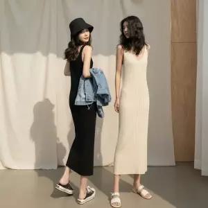 [하프클럽/]여성용 신축성 브이넥 슬림 골지 롱 원피스