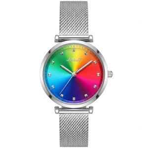여성용 오프 레인보우 컬러 시계, 그라디언트 다이얼과 크리스탈 액센트가 있는 스테인리스 스틸 메시 밴드, 우아한 아날로그 손목시계, 스테이트먼트 패션 시계 방수 100피트