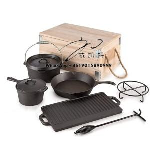 7종 프리시즈닝 더치 오븐 쿠킹 세트 주철 캠핑 빈티지 휴대호환용 나무 상자  야외 및 가정호환용