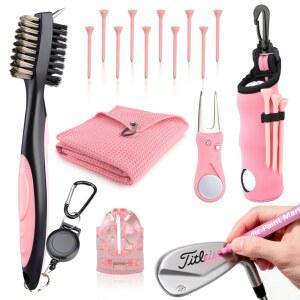 여성용 핑크 골프 액세서리, 아크릴 페인트 잉크 16개 필수품 키트 - 클럽 브러시 & 타월, 가방용 티 볼 홀더, 디봇 툴 메이커, 청소 선물