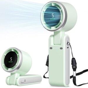 아즈데두 휴대용 선풍기, 미니 터보 충전식 5단, LED 디스플레이, 접이식 디자인(녹색)