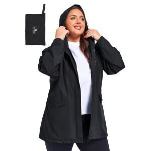 사피로즈 여성용 플러스 사이즈 레인코트와 후드 방수 레인 재킷 가벼운 패커블 바람막이