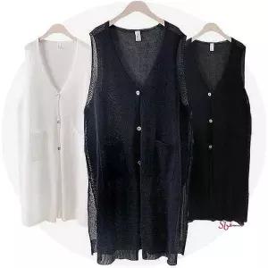 브이넥 롱조끼 비치웨어 망사 빅사이즈 짜임mno257