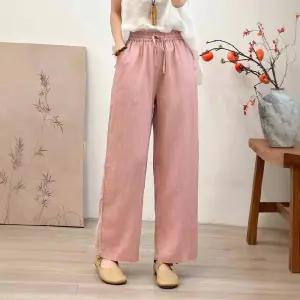 EAMT 여자 팬츠 여름 빈티지 캐주얼 허리 스트링 컬러짜임 통바지 슬림핏 마 린넨 밴딩 YJ2