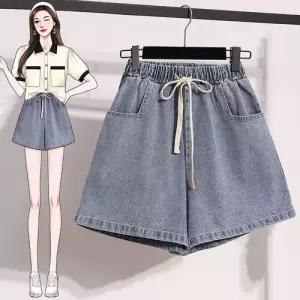 EAMT 여자 청 여름 얇은 롤업 반바지 스트링 A라인 와이드 허벅지 핫팬츠 가랑이 빅사이즈 굵은 YJ2