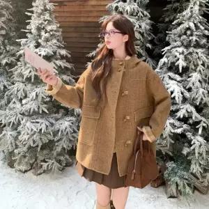 엘럽 여성용 모직 울 야구 점퍼 후드 코트 리버시블 원템1