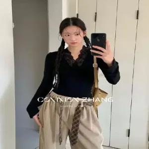 여성 니트 가을 긴팔 티 셔츠 브이넥 슬림핏 롱루즈핏 레이스 BE3