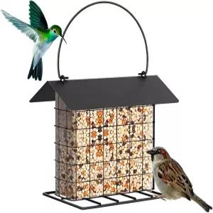 금속 지붕과 플랫폼이 있는 외부 케이크가 수트 볼 버드 피더 야외 걸이식 와이어 야생 조류 뚱뚱한 푸드