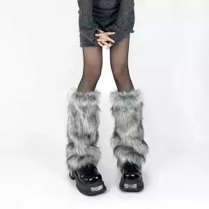 고스 펑크 Y2K 레그 커버 워머 발목 솔리드 인조 모피 양말 부츠 종아리 다리 화이트