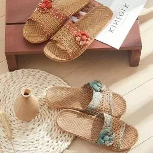 플라워 코사지 라탄 슬리퍼 여성 여름 휴가 샌들 바캉스 외출 신발