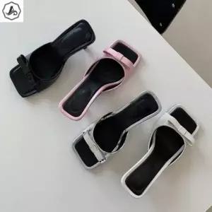스퀘어 뮬 리본 장식 발편한 쿠션 슬리퍼 구두 힐 7cm