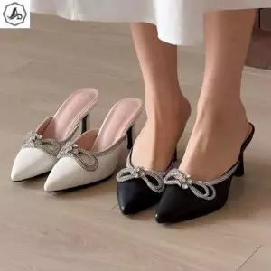 스틸레토 뮬 힐 큐빅 리본 라인 구두 슬리퍼 7cm