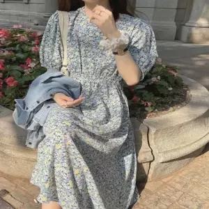 여성 잔꽃무늬 허리 밴딩 스모크 플라워 반팔 원피스 (HSJ-WD09A75)