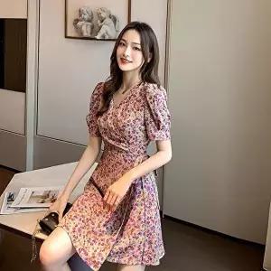 쉬폰 플라워 반팔 원피스 봄 잔 여자 꽃무늬 (HSJ-WEE918B)