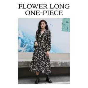 여성 허리끈 꽃무늬 롱원피스 V넥 플라워 패턴 (HSJ-WD40EC2)