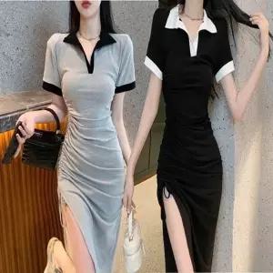 날씬해보이는 슬림핏 셔링 옆트임 카라 반팔 원피스 (HSJ-WC0AB25)