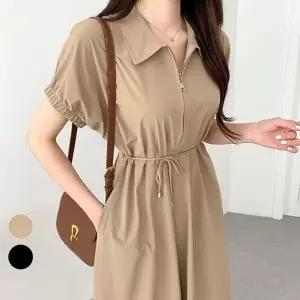 러블리 퍼프소매 허리스트랩 레이스업 반팔원피스 (HSJ-WFD72AB)