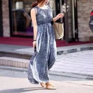 여성 스모크 휴양지 어깨 리본 민소매 나시 롱 원피스 (HSJ-WE87592)