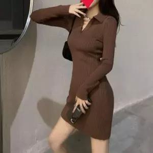 여자 슬림핏 V넥 긴팔 원피스 골지 글램 미니 카라 (HSJ-WFGDJF4)