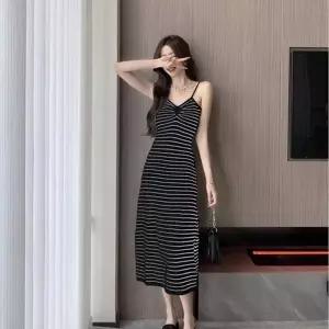 여성 스트라이프 롱원피스 민소매 브이넥 나시 원피스 (HSJ-WE55DFF)
