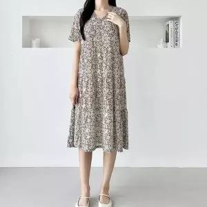 여자 편안한 까실이 소재 브이넥 플라워 패턴 캉캉 반팔 원피스 (H...