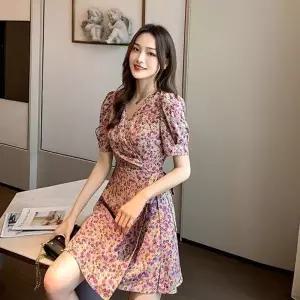 쉬폰 플라워 반팔 원피스 봄 잔 여자 꽃무늬 (HSJ-WEE918B)