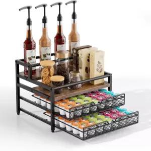 세그텐터 4단 커피 시럽 랙 정리함 K컵 홀더용 슬라이딩 서랍 2개가 있는 바 스테이션용 포드 주방 또는