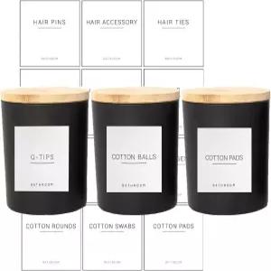 12개의 라벨과 나무 뚜껑 두꺼운 유리병 세트가 있는 Ezebesta 3PCS 모던 13.53온스 블랙 욕실 용기 코튼