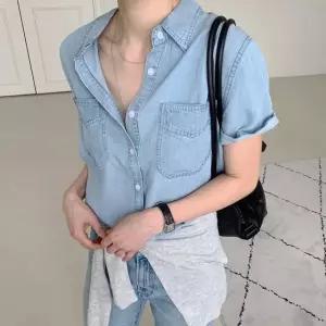 여성 여름 캐주얼 데님 반팔 셔츠 청남방 NB0118S 빅사이즈 루즈핏