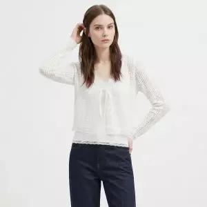 [샵앤] 여성 Y오픈 레이스 뜨개 레이어드 펀칭 긴팔 가디건 MSE-WCD-21188-아이보리