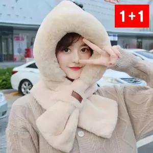 여성 모자 목도리 일체형 방한 퍼 머플러 넥워머 겨울 세트