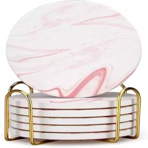 귀여운 핑크 마블 코스터 6팩 스톤 커피 테이블 장식 흡수 세라믹 컵 세트 홀더 티 바 액세서리 선물 주방