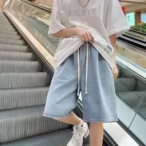 EAMT 바지 남성 청 여름 캐주얼 청반바지 반바지 슬랙스 워싱 밴딩 통바지 5부 YJ2