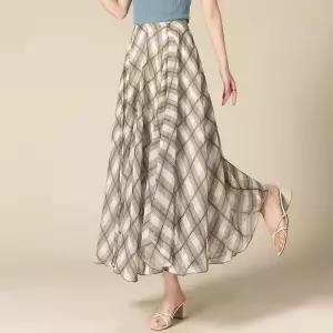 여자 스커트 롱 망사 하계 슬림핏 체크 A라인 쉬폰 기장 허리밴딩 KS2