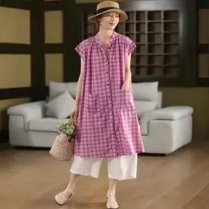여자 치마 원피스 롱 캐주얼 여름 빈티지 썸머 반팔 싱글 셔츠 체크 스포M2