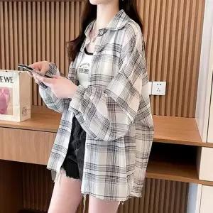 여성 여름 바캉스룩 오버핏 시스루 체크 셔츠 루즈핏 남방