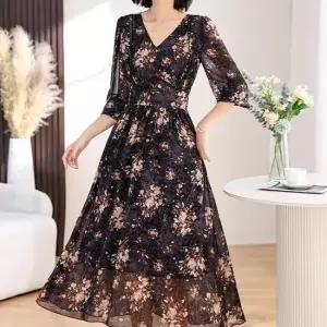 여성 쉬폰 브이넥 꽃무늬 슬림핏 원피스 여름 바캉스룩