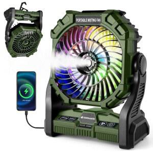 LED 랜턴이 장착된 오도랜드 휴대용 캠핑 선풍기, 20,000mAh 배터리로 작동하는 충전식 미스트 250mL 물탱크, 후크, 파티오스 해변 여행용 야외 텐트 쿨링 그린