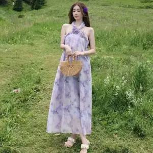 마킷5 원피스 여성용 쉬폰원피스 프렌치 핸드메이드 로즈 홀터 해변 바캉스 프린트 롱스커트 JEN1