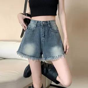 청 여름 빈티지 퍼 그러데이션 하이웨스트 여자청반바지 청반바지 와이드 일자 원템2