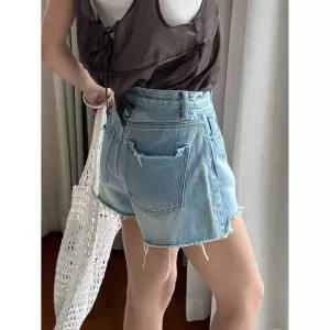 여름 캐주얼 빈티지 블루 퍼 트리밍 여자청반바지 핫팬츠 청반바지 루푸 하이웨스트 A라인 원템2