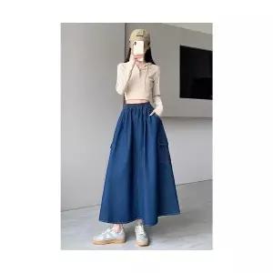 엘럽 여자 치마 데님 가을 허리 스트링 밴딩 패치 다크 A라인 워싱 청치마 빅 박템3