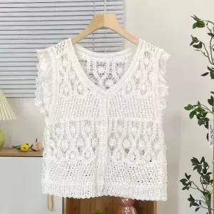 여성 크로셰 베스트 여름 뜨개 조끼 가디건 화이트