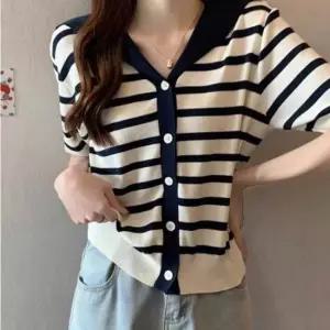여성 세일러카라 러블리 스트라이프 반팔 니트 가디건