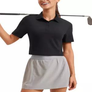 CRZ 요가 골프 크롭 폴로 셔츠 여성용 3 버튼 칼라 퀵 드라이 테니스 티셔츠 반팔 운동 상의