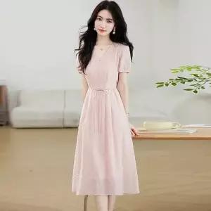 에네로 여성쉬폰원피스 브이넥 핑크 쉬폰 반팔 원피스 여름 스트링 롱 스커트 UNO2