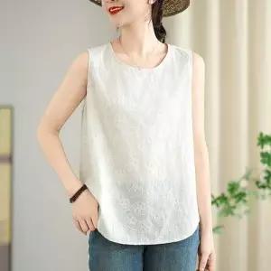 미에스틸로 여친 베이지 니트 여름 탑 컴포트 블라우스 자수 민소매 셔츠 ADOR2