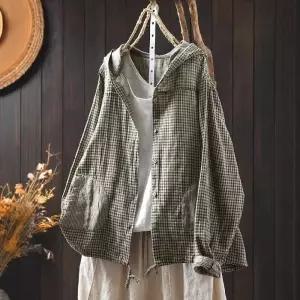 여자 빨강 면 빈티지 봄 상의 셔츠 체크 후드 깔끔한 긴팔 루즈핏 DUCHI1