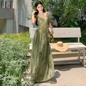 마킷5 여친 원피스 치마 그린 여름 쉬폰 잔꽃무늬 프렌치 바캉스 롱스커트 소매 쉬폰원피스 JEN2