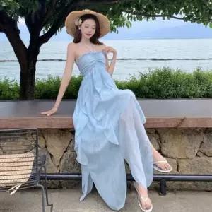 마킷5 여자 원피스 홀터넥 바캉스룩 롱스커트 쉬폰원피스 비치 프렌치 슬림핏 JEN1